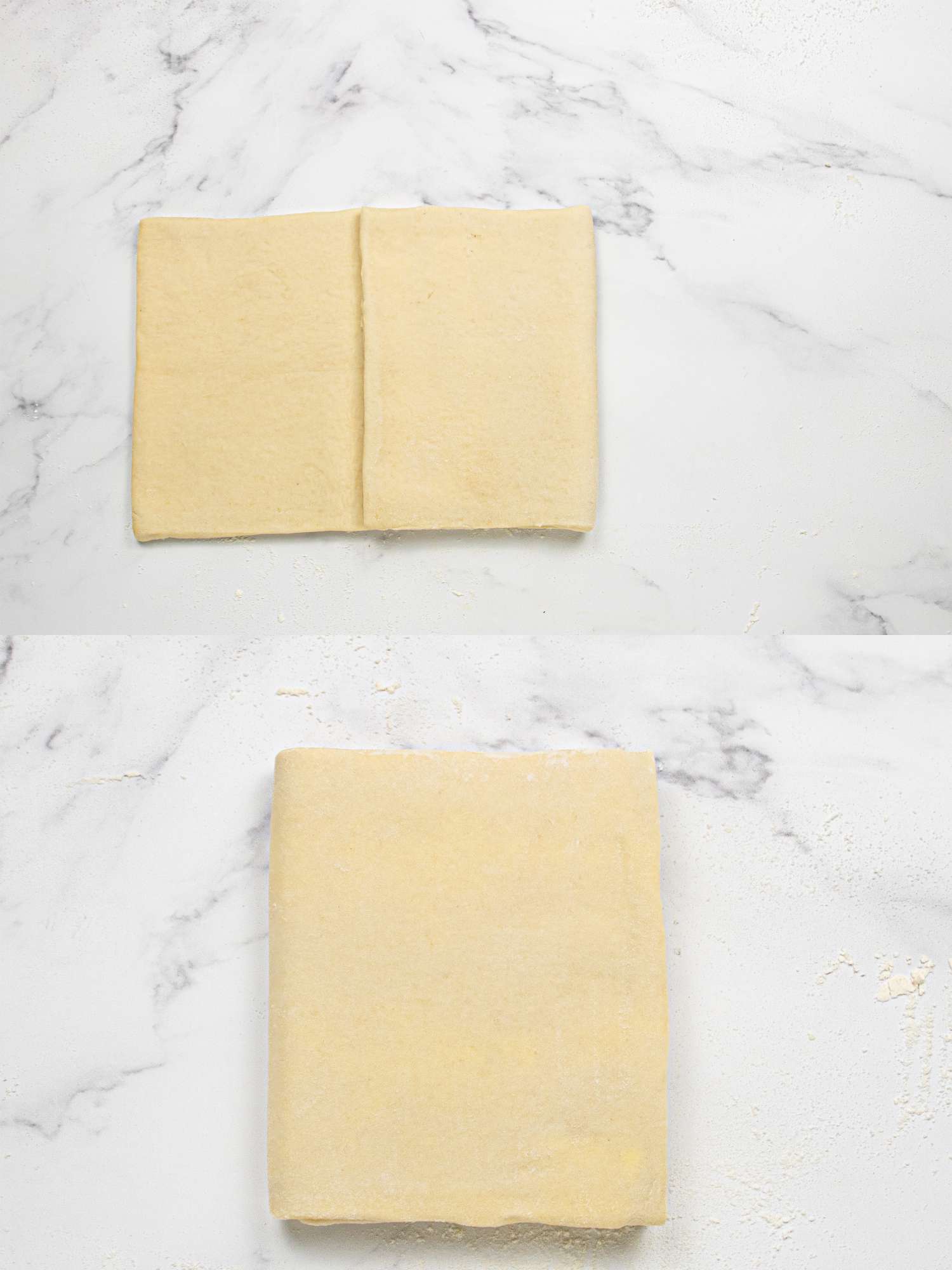 Steps demonstrating folding dough for croissant preparation on a marble surface