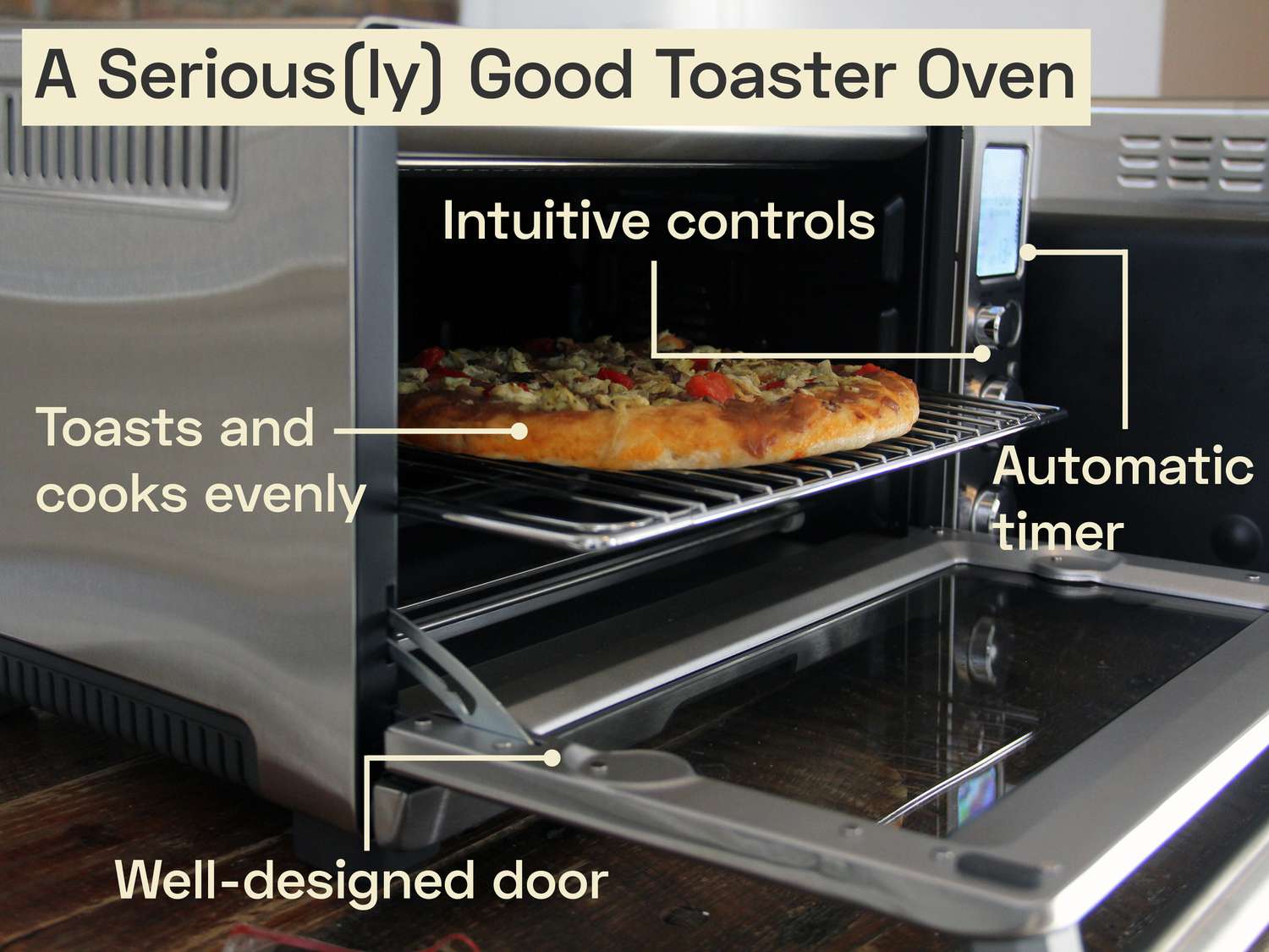 the breville smart oven pro with the door open and a pizza inside. the following text overlays the image: a seriously good pizza oven; toasts and cooks evenly; well-designed door; intuitive controls; automatic timer