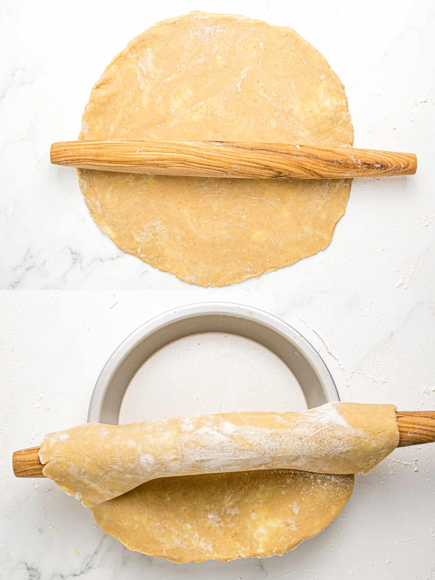 Two stages of preparing a pie crust rolling out the dough and transferring it into a pie pan using a rolling pin