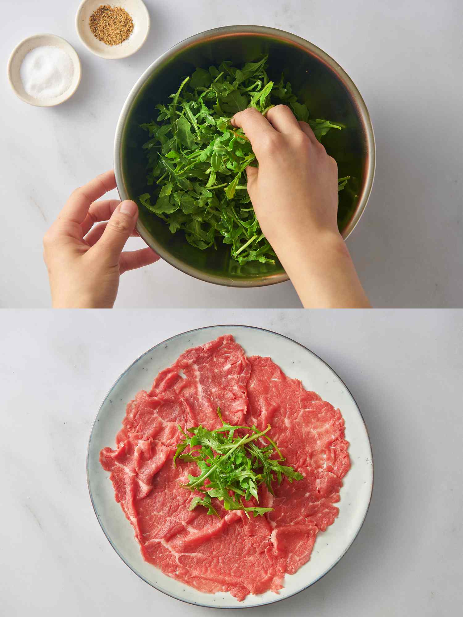 Arugula tossed with olive oil and salt and pepper inside a bowl, and Arugula arranged on a plate with beef slices