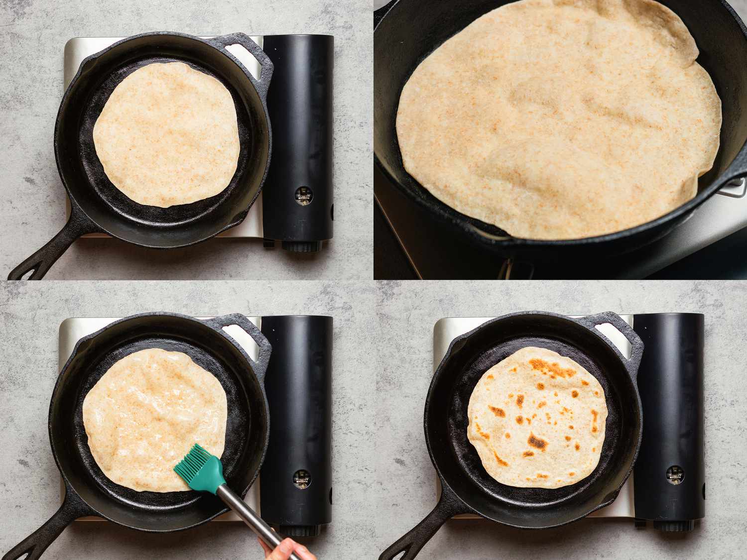 Four image collage of chapati cooking