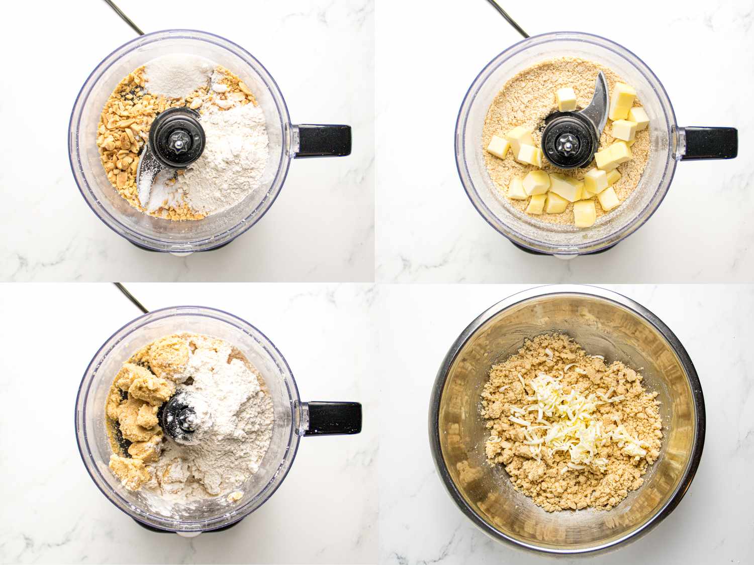 Stepbystep process showing ingredients being mixed in a food processor for making a crust