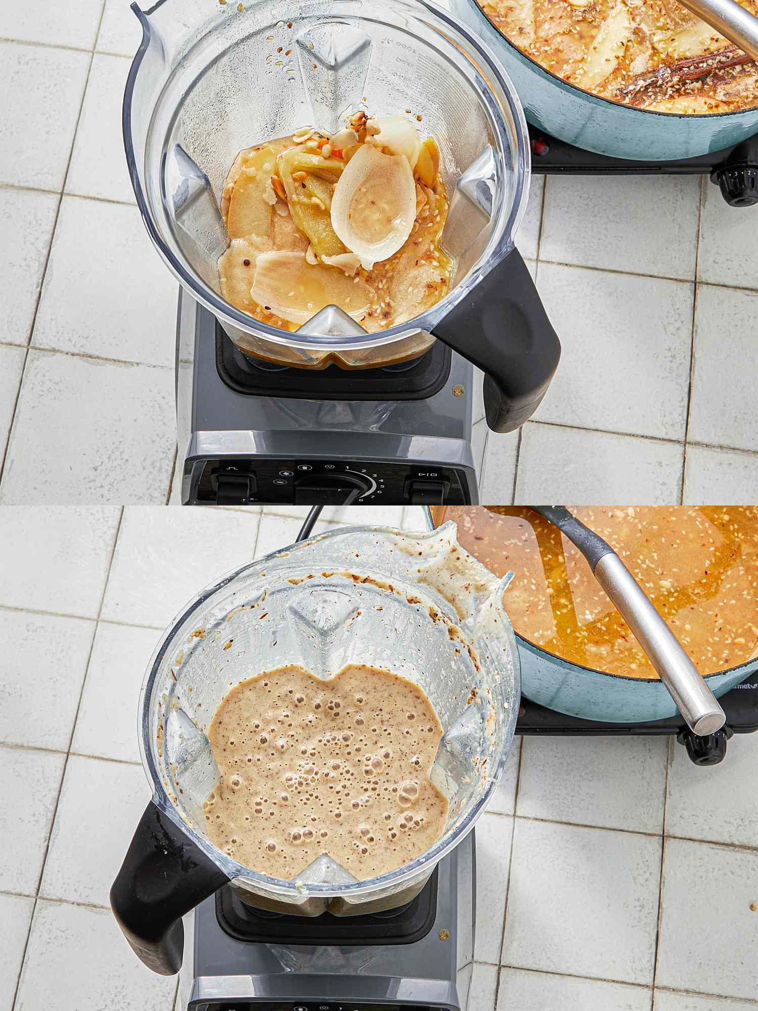 Ingredients in a blender shown before and after blending with a pot of food in the background