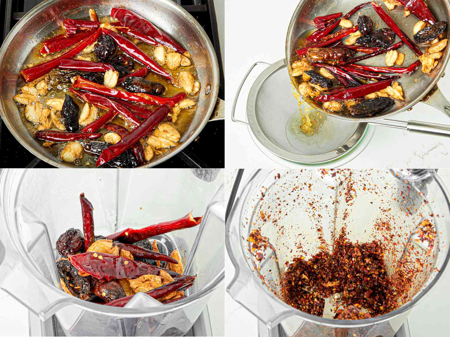 Four image collage of roasting and blending chiles and garlic