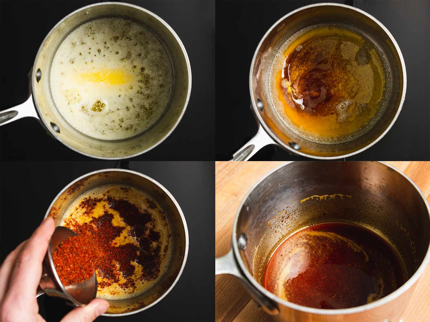 4 image collage: Butter being heated in a saucepan, butter being browned in a sauce pan, aleppo pepper being added to butter, aleppo pepper fully coated with butter