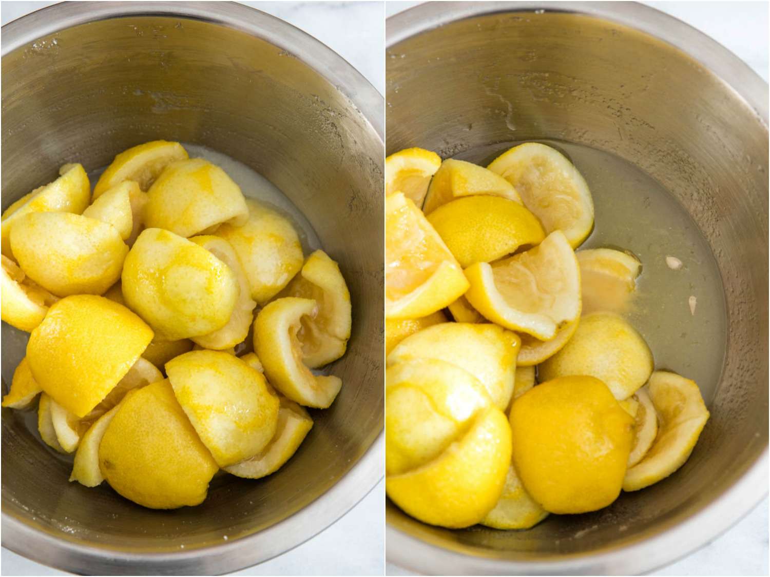 Two photos showing lemon rinds in a bowl with sugar that has turned to syrup.