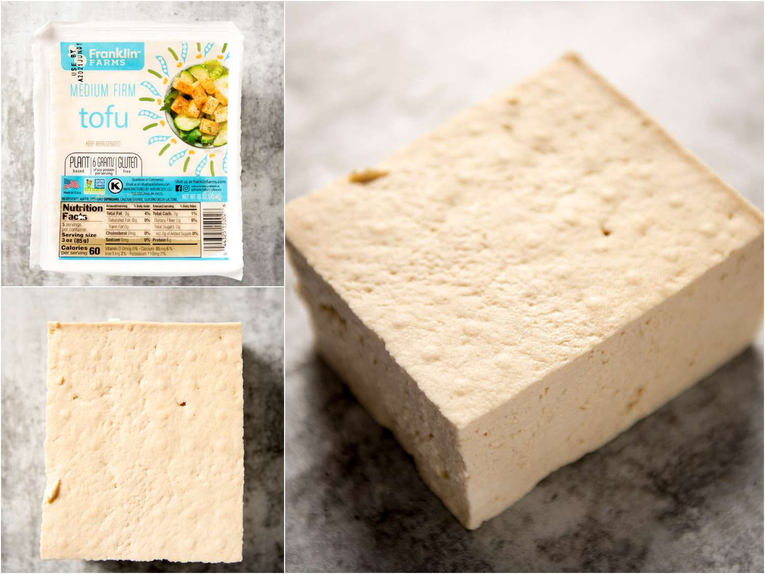 Collage of medium firm block tofu in packaging; unpackaged; side angle