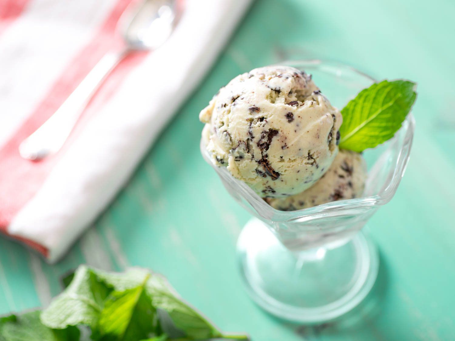 A pedestal dish of mint chocolate chip ice cream with fresh mint leaves on a mint-green background