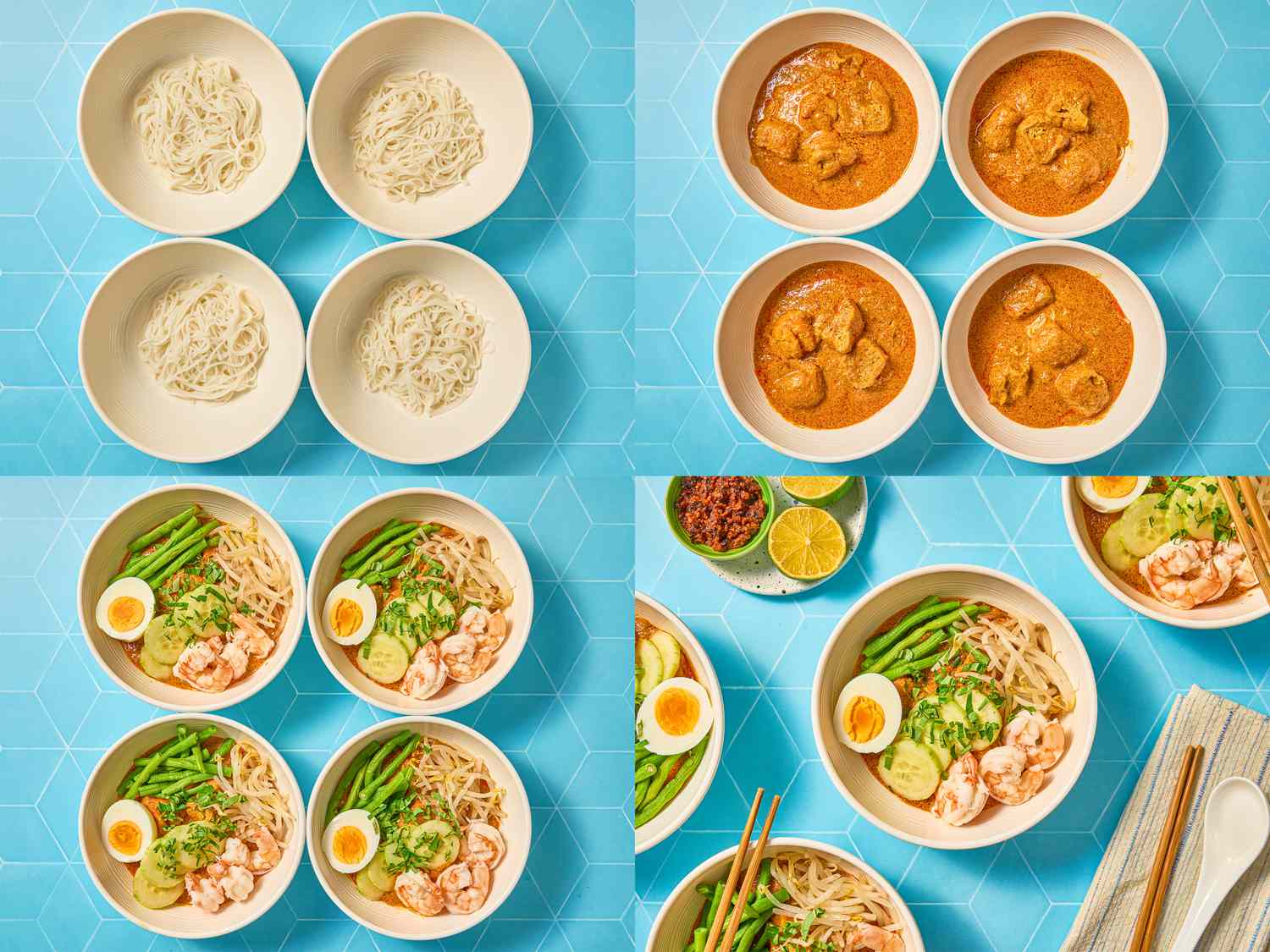 Collage showing stages of preparing a curry laksa dish including noodles curry sauce and final assembly with toppings
