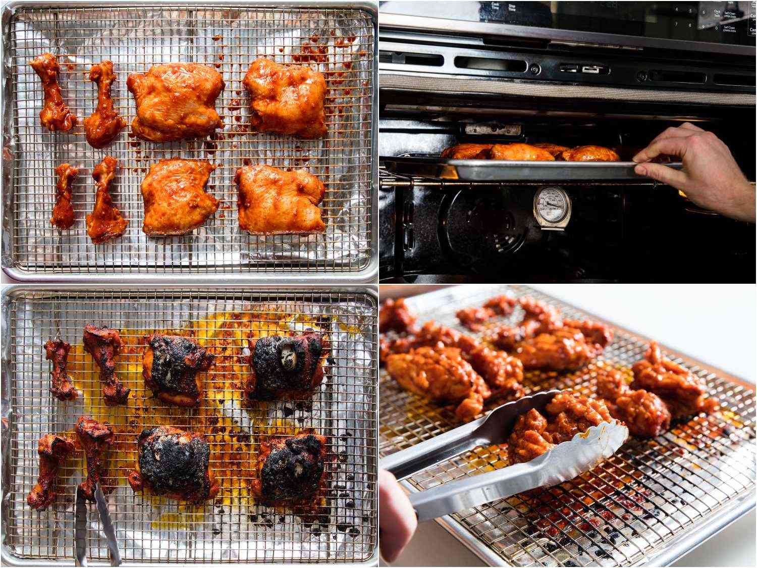 Process shots of broiler method for Korean fire chicken recipe: placing the chicken on a rack in a rimmed baking sheet, transferring the baking sheet to the broiler, broil until the chicken skin is charred and flipping the chicken to char on the other side. 