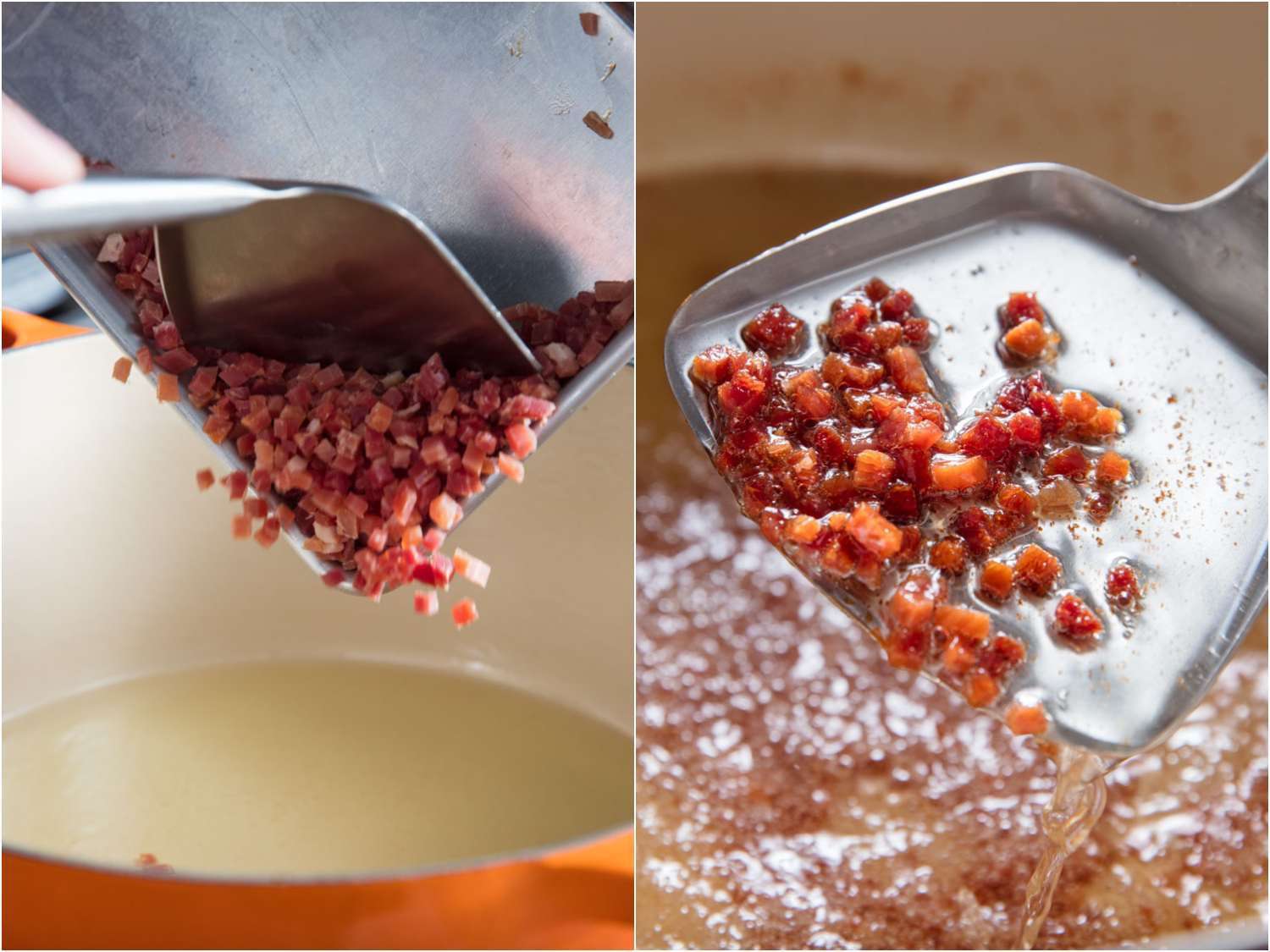 Side by side photos showing adding ham to a Dutch oven of oil and crisping ham for XO sauce.