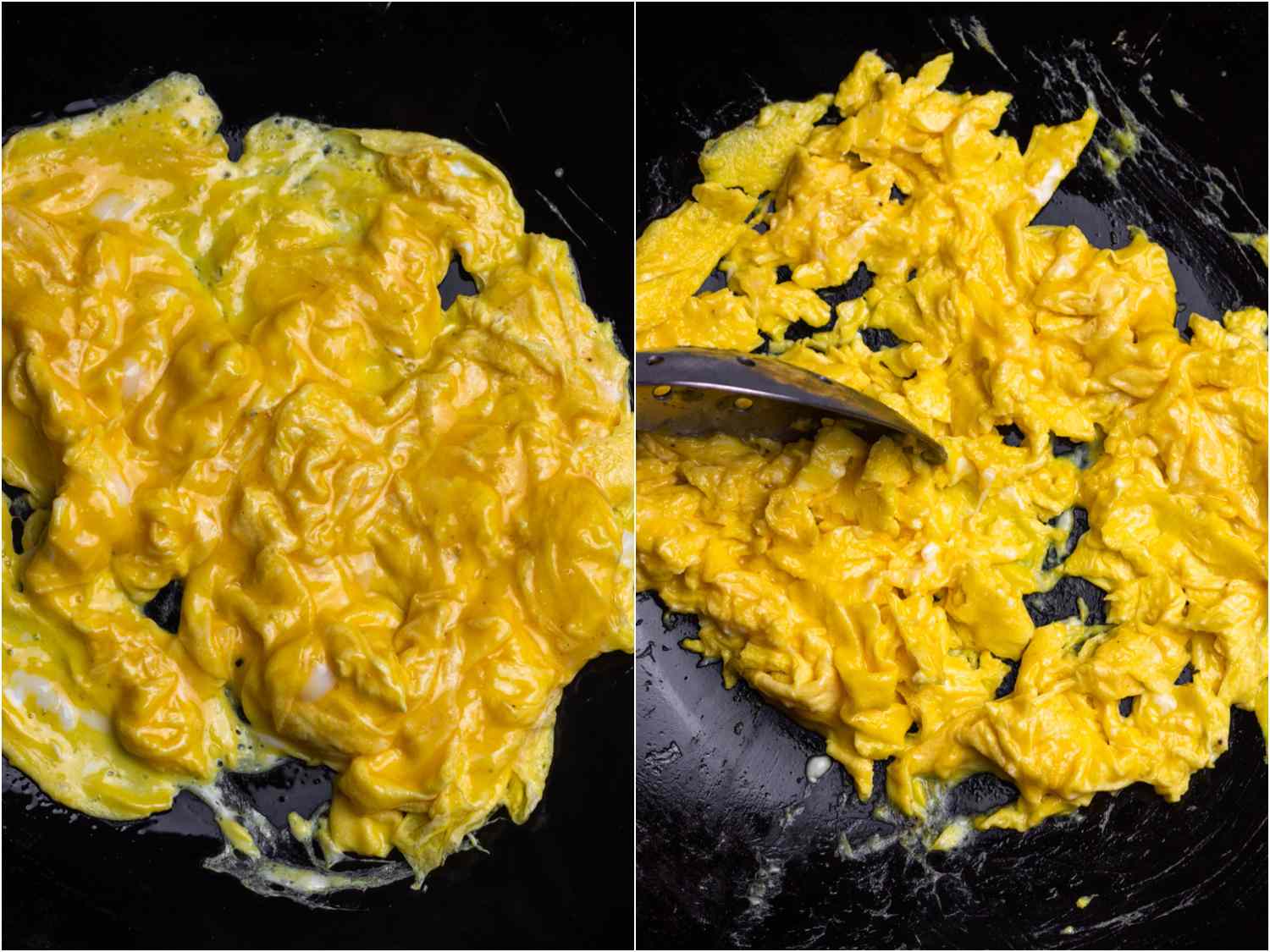 scrambling eggs in a wok and breaking up into smaller pieces