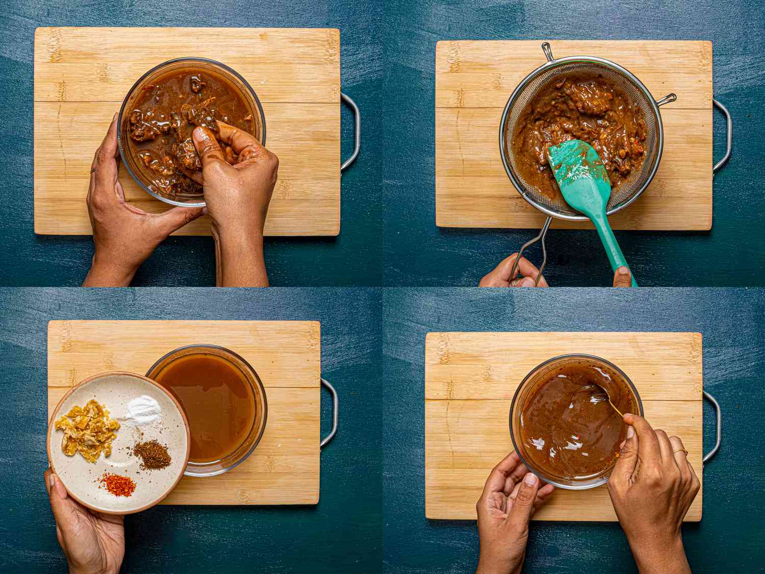 Four image collage of crumbling, straining, spicing, and stirring tamarind mixture