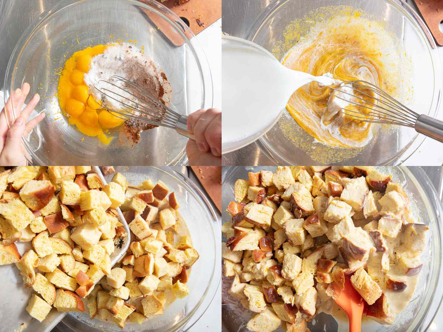 4 image collage. Top Left: eggs, granulated sugar, vanilla extract or scraped vanilla seeds, citrus zest, and salt whisking in a large glass bowl. Top Right: Whisking cream into mixture. Bottom Left: Pouring diced bread into bowl of mixture. Bottom Right: Bowl of bread and luquid mixture blended together 