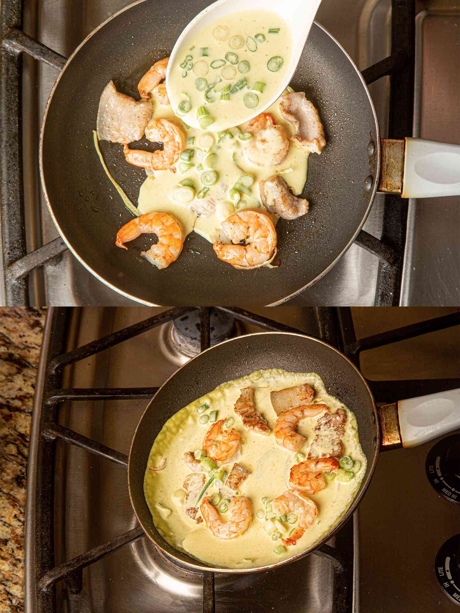 Two image collage of an overhead view of adding batter to pan and swirling around pan