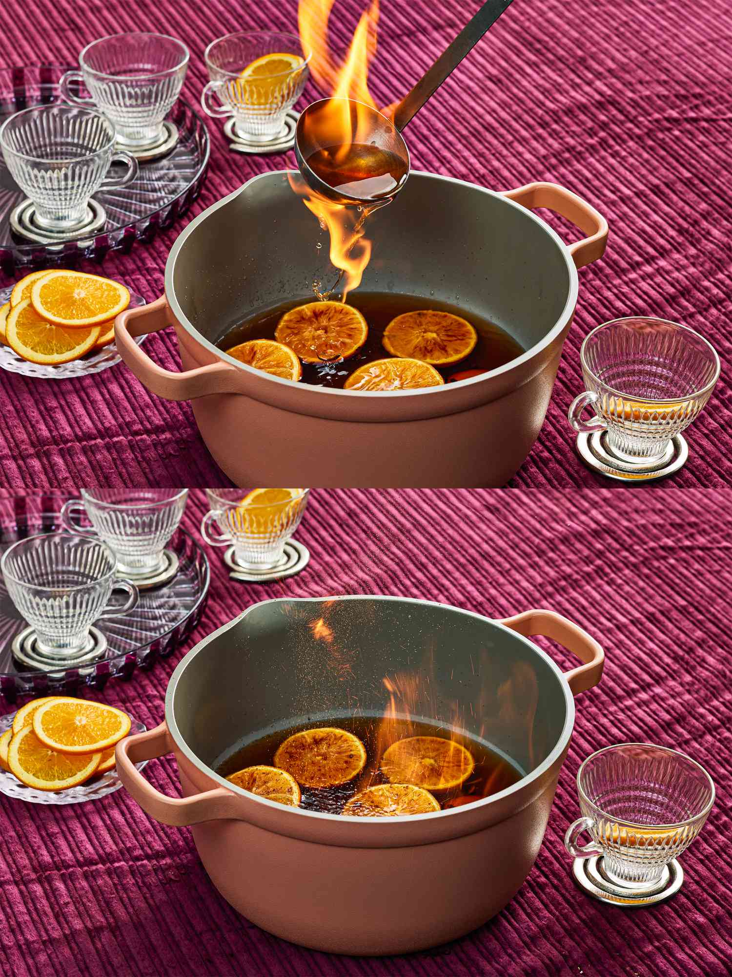 Two image collage of flames dripping into pot and sprinkling spice mix over pot 