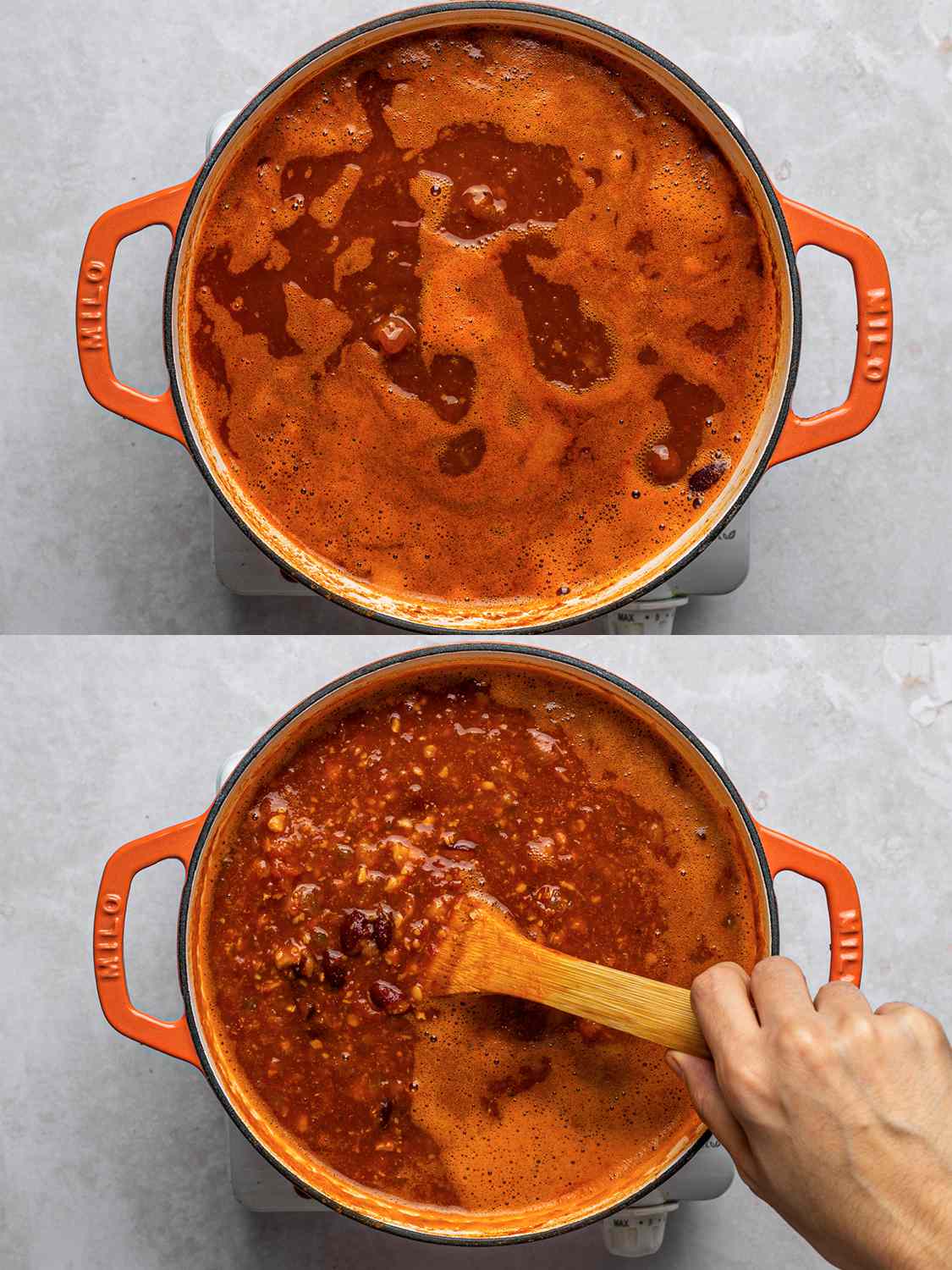 A two-image collage. The top image shows the chili coming to a boil over high heat inside of the Dutch oven. The bottom image shows a hand holding a wooden spoon, stirring the chili.