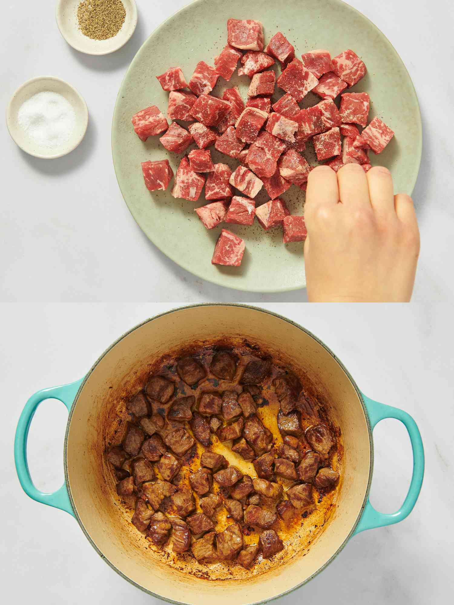 2 image collage. Top: seasoning diced steak with salt and pepper. Bottom: cooked steak in dutch oven 