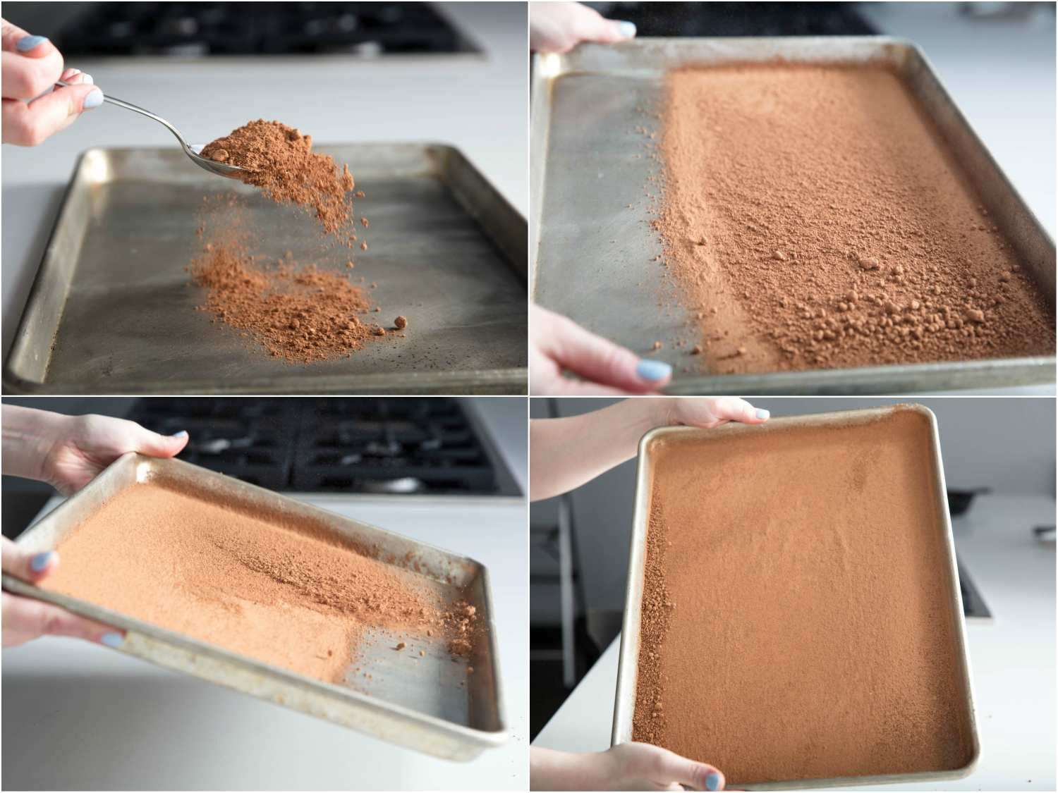 A four-image collage. The top left shows sprinkling cocoa powder onto a half-sheet pan. The top right shows shaking the pan to distribute the powder. The bottom left shows tilting the pan down. The bottom right shows the pan with evenly distributed cocoa powder.