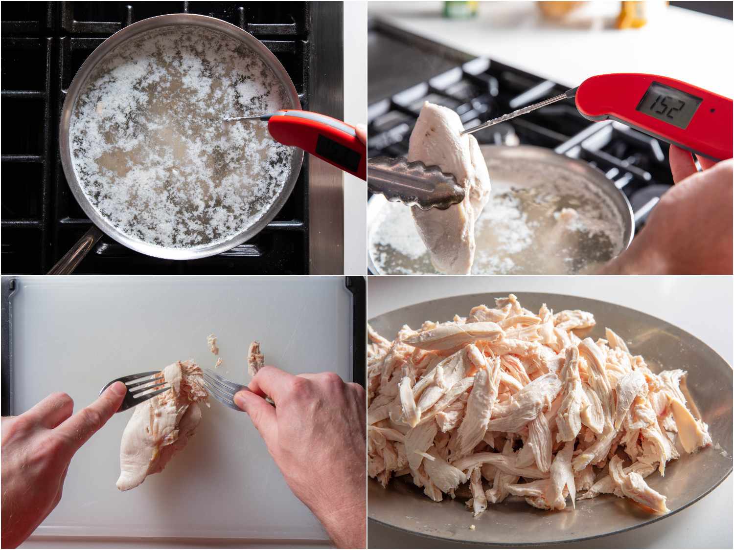 Collage of poaching chicken breasts and then shredding into bite-size pieces.