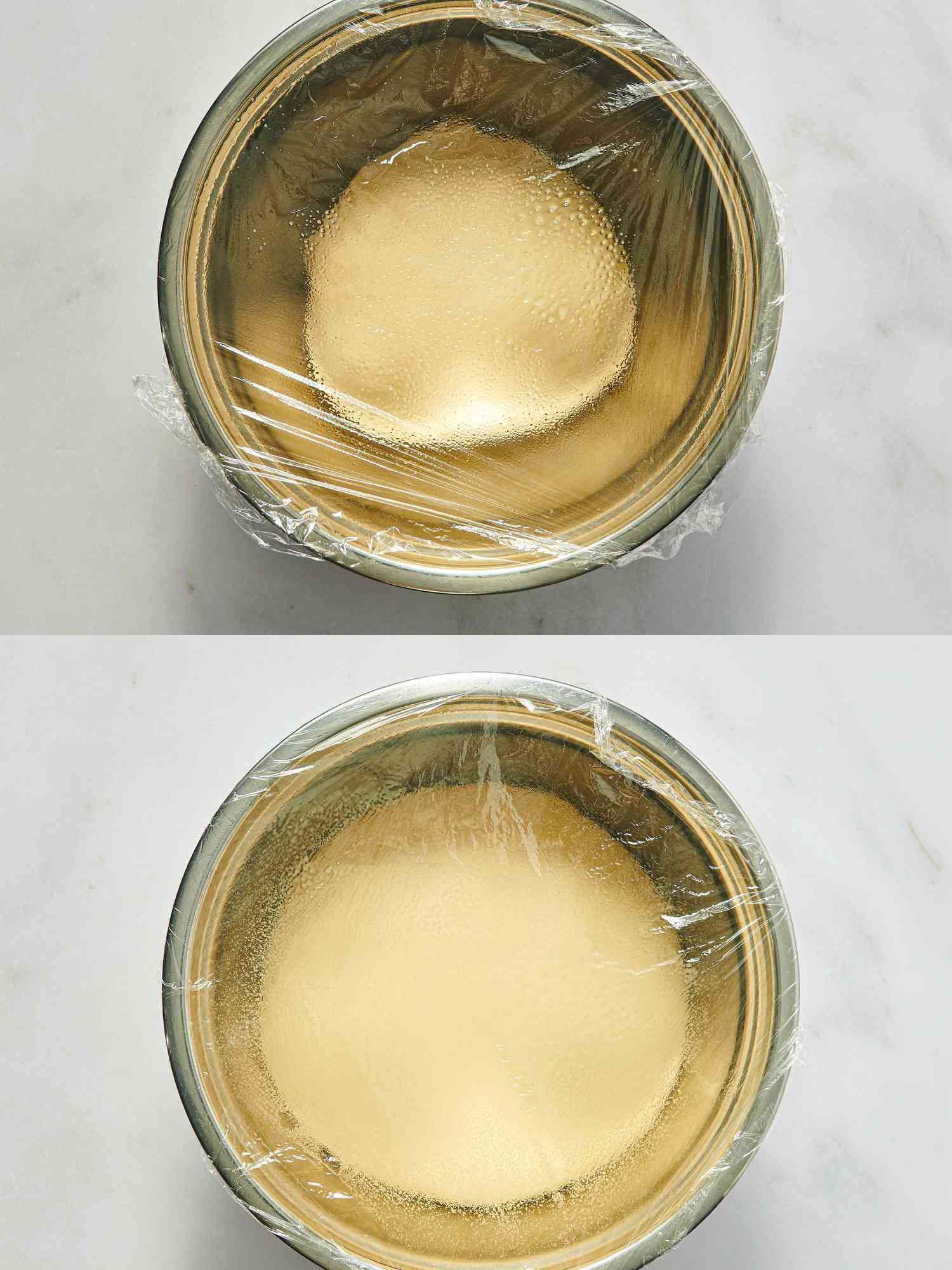 A bowl covered with plastic wrap showing a dough rising, depicted in two stages
