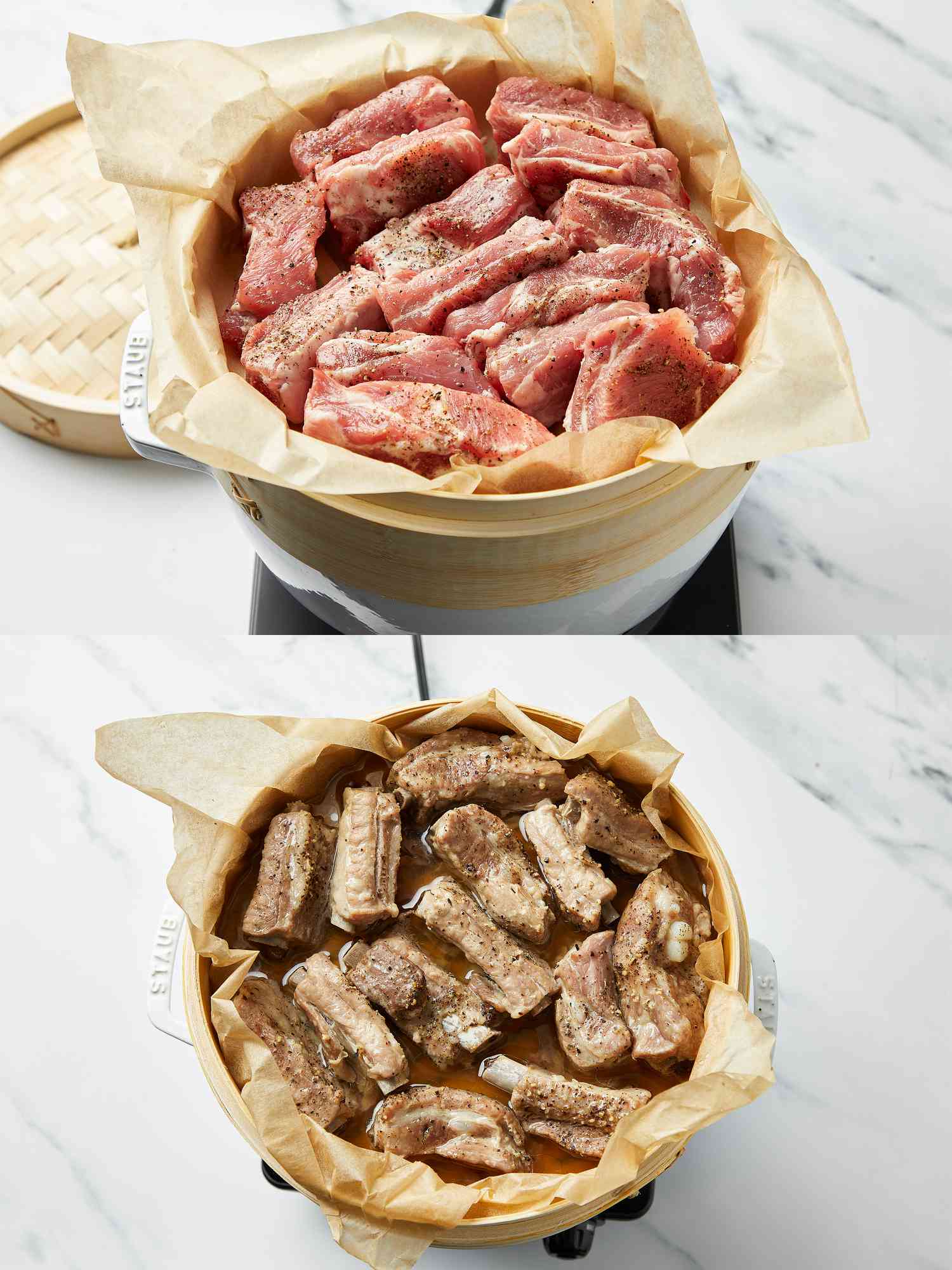 Two image collage of ribs cooking