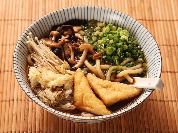 Udon with Mushroom-Soy Broth with Stir-Fried Mushrooms and Cabbage
