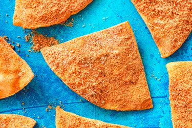 Overhead view of air fryer doritos