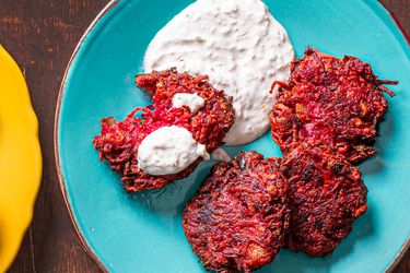 Overhead view of beets latkes