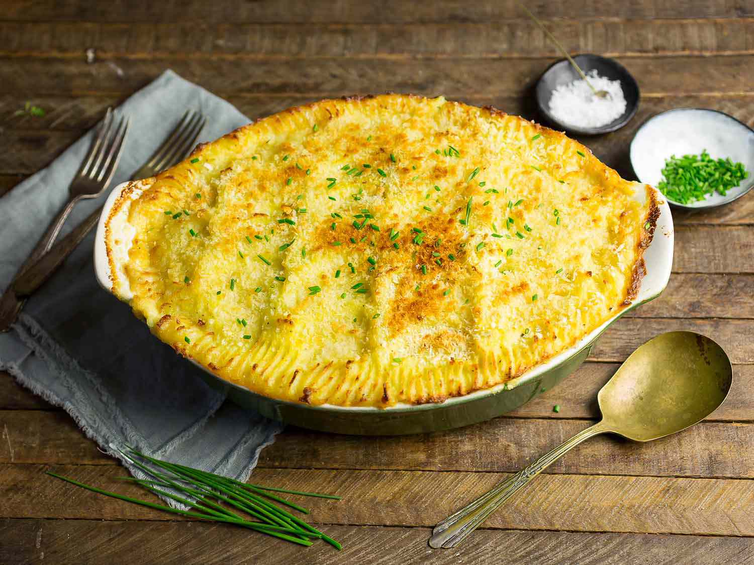 The finished fish pie, fresh from the oven and ready to serve.