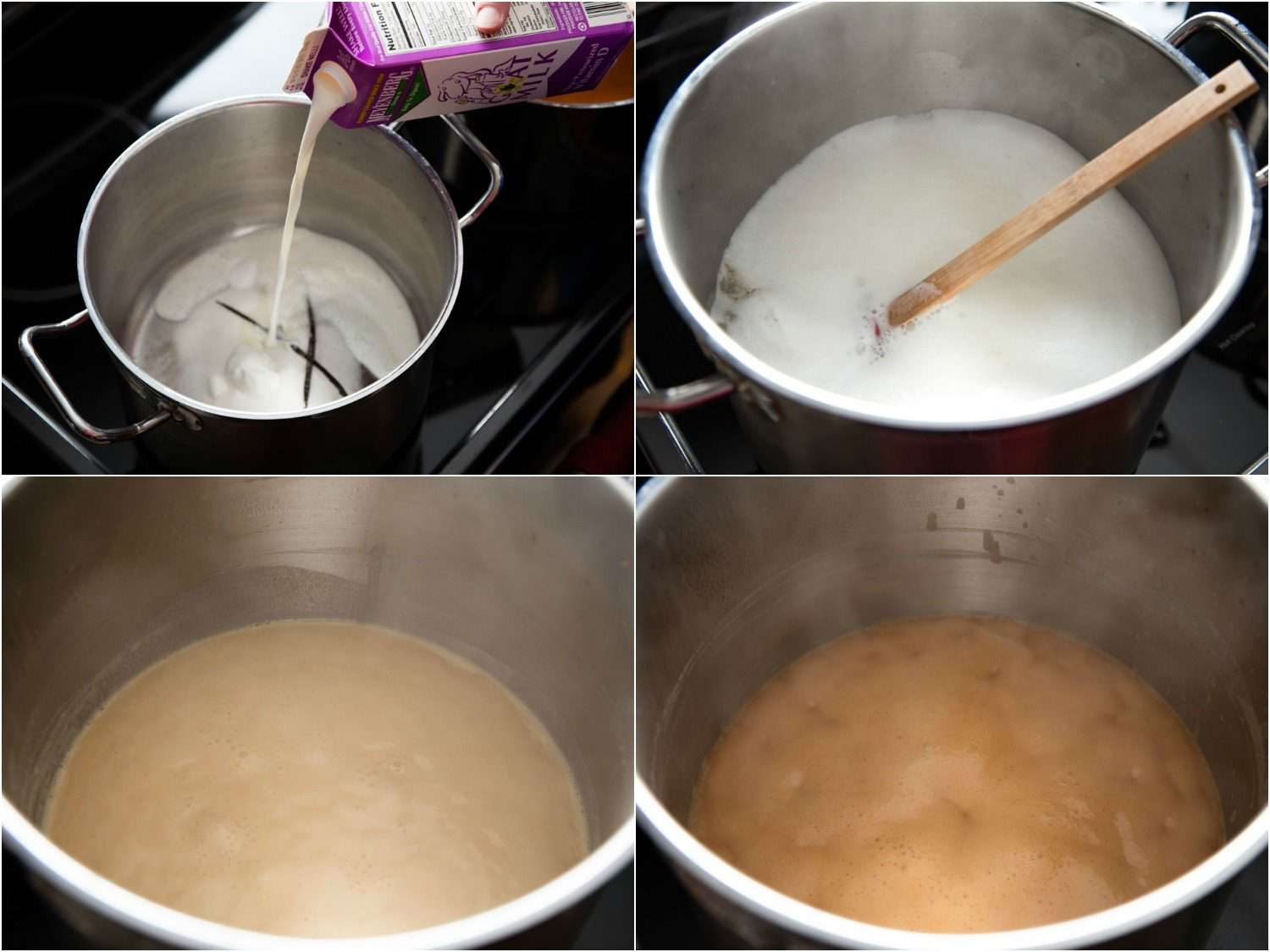 Four picture collage showing vanilla pod infusing in goat milk and being simmered down to caramel.