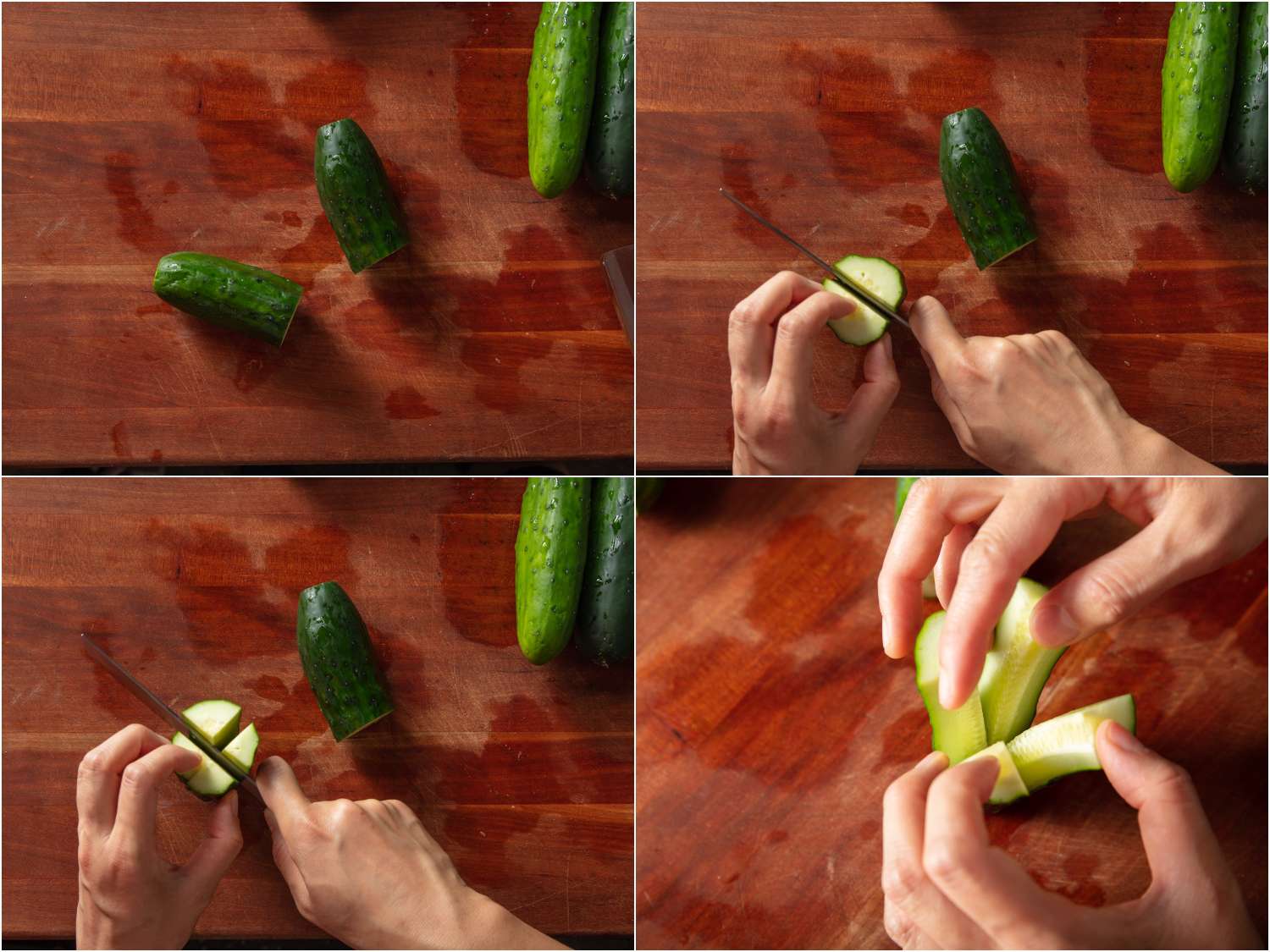 Collage of preparing cucumbers by quartering them lengthwise but leaving them intact at one end.