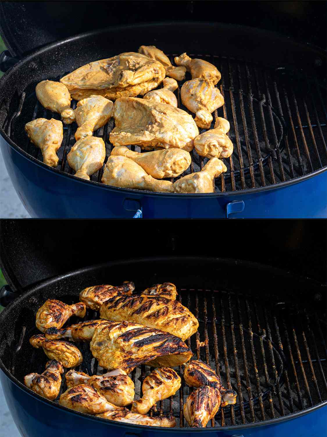 A two-image collage. The top image shows the marinated chicken pieces arranged on the lefthand side of a blue kettle grill. The bottom images shows the chicken, now flipped over, showing that it has cooked and is blackened in some spots.