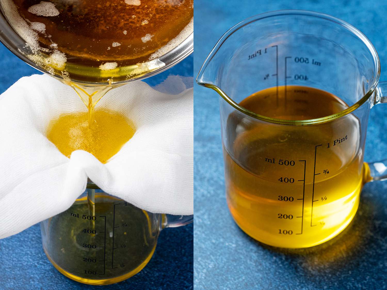 Melted butter being poured into a cheese cloth, a glass container of clarified butter