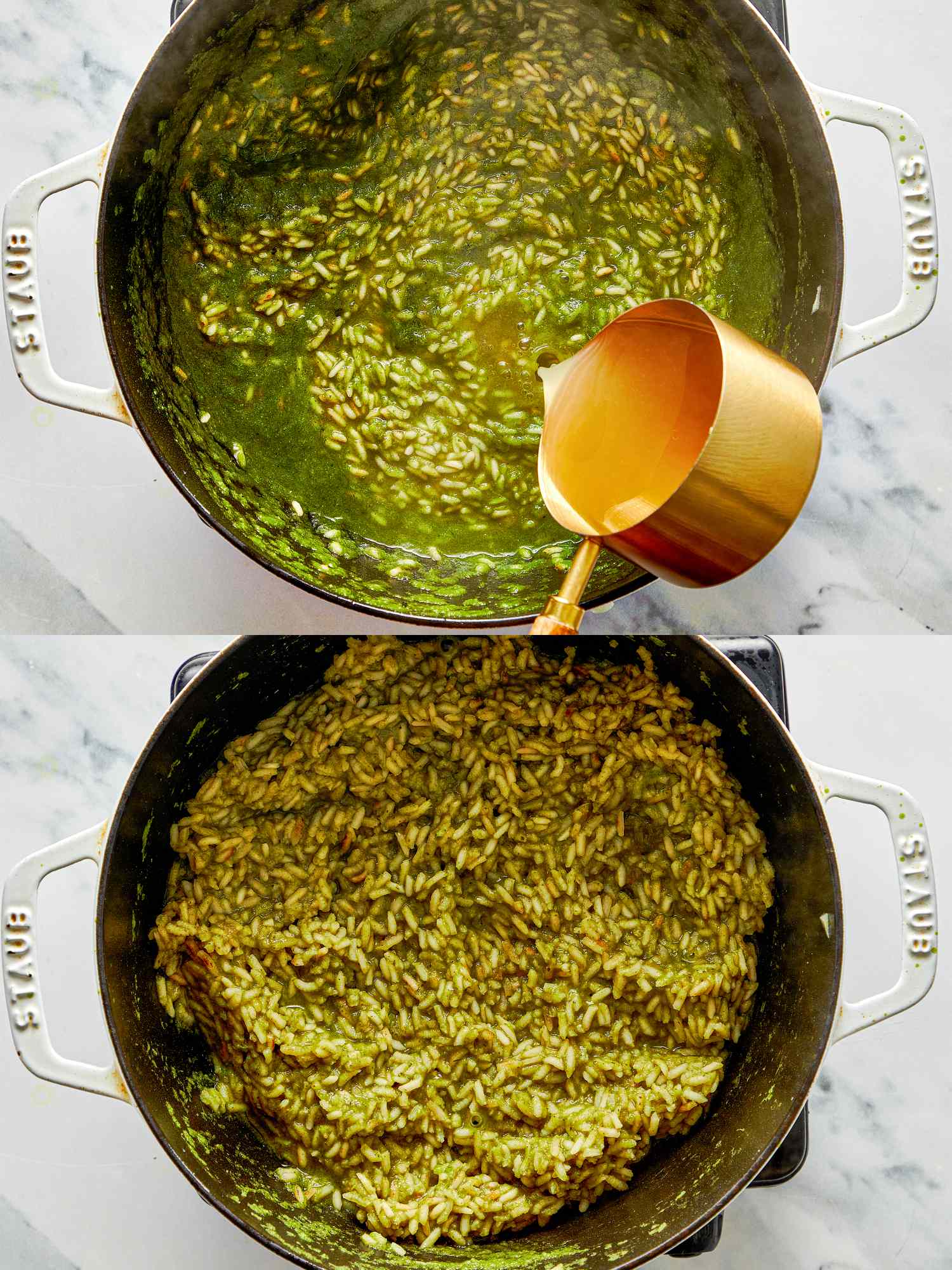 Two stages of cooking green rice in a pot showing liquid being added and the final cooked dish