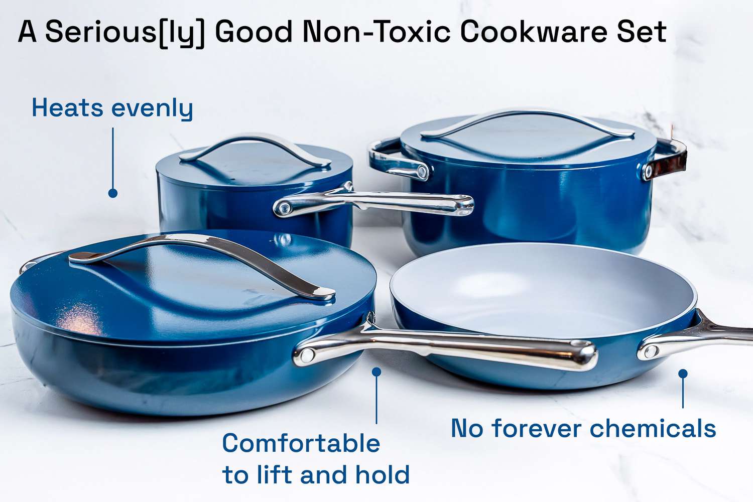 A blue ceramic cookware set on a white background