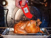 A person using a red Thermapen ONE thermometer to take the temperature of chicken.