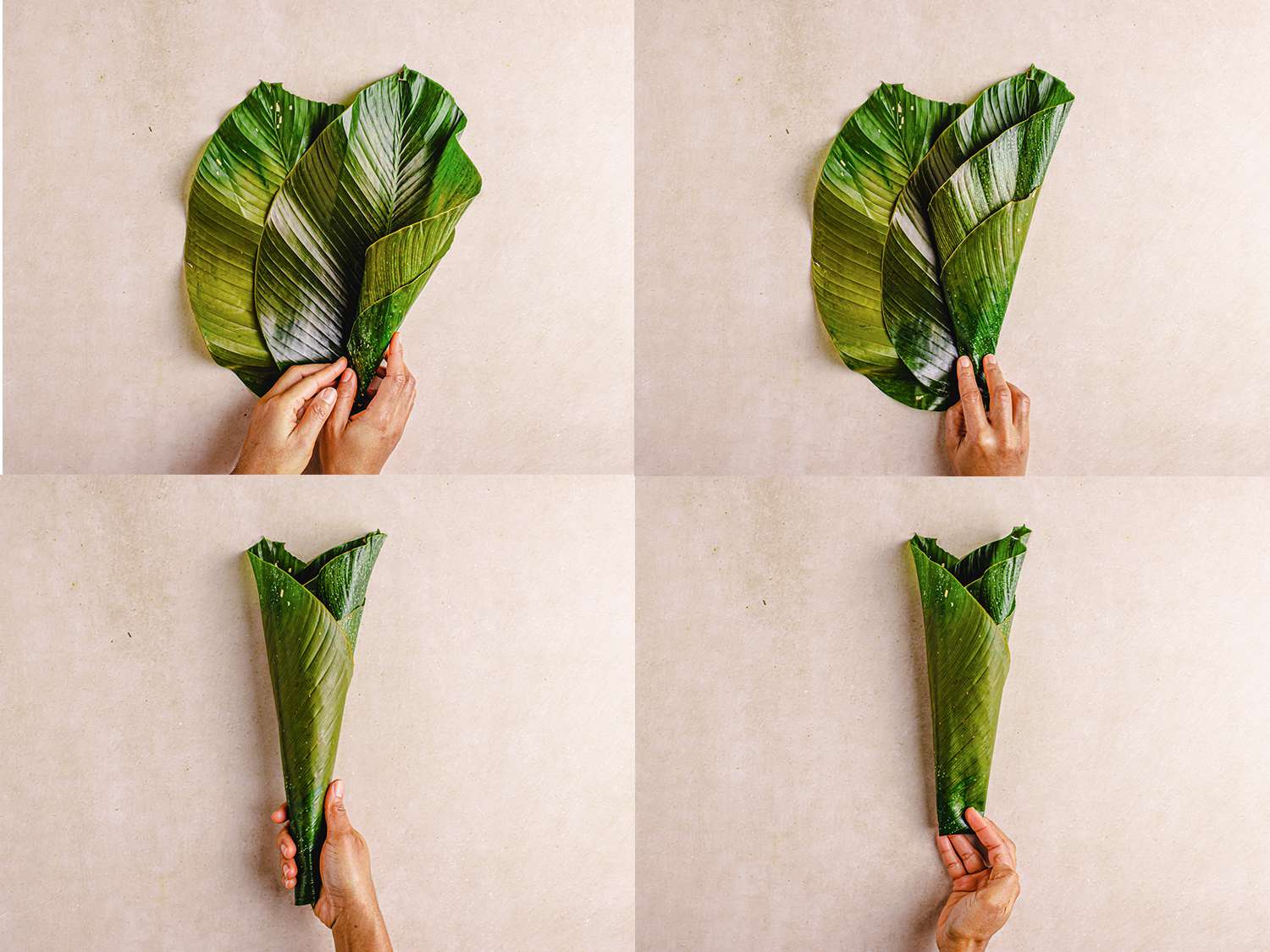 Four image collage of rolling moin moin leaves into a cone and folding the bottom up