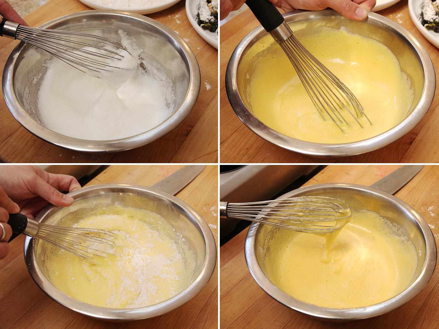 A collage: whisking egg whites in a mixing bowl until stiff peak forms, whisking in yolks and flour and gently folding to combine. 