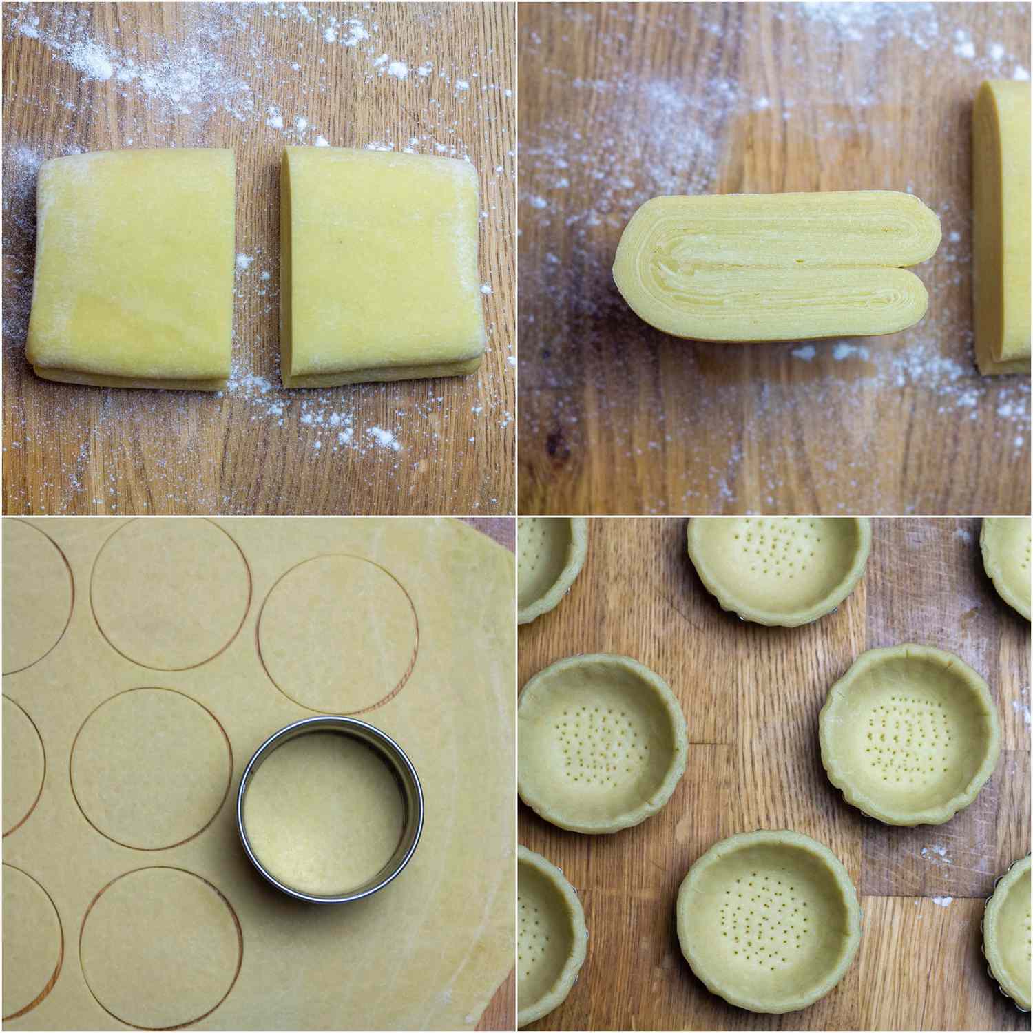 Collage showing steps for rolling out and cutting tart shells for Hong Kong egg custard tarts