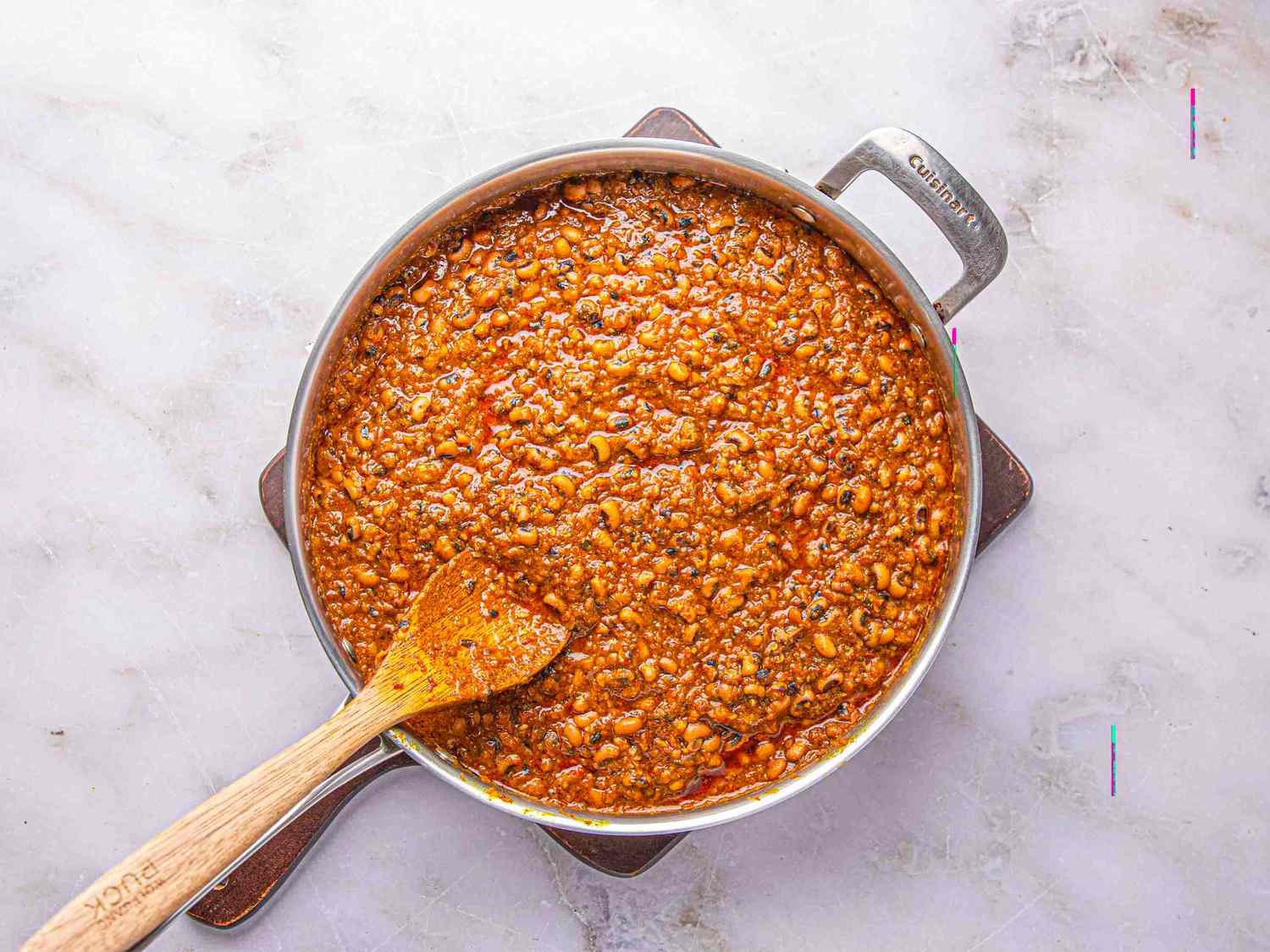 Overhead view of finished stew