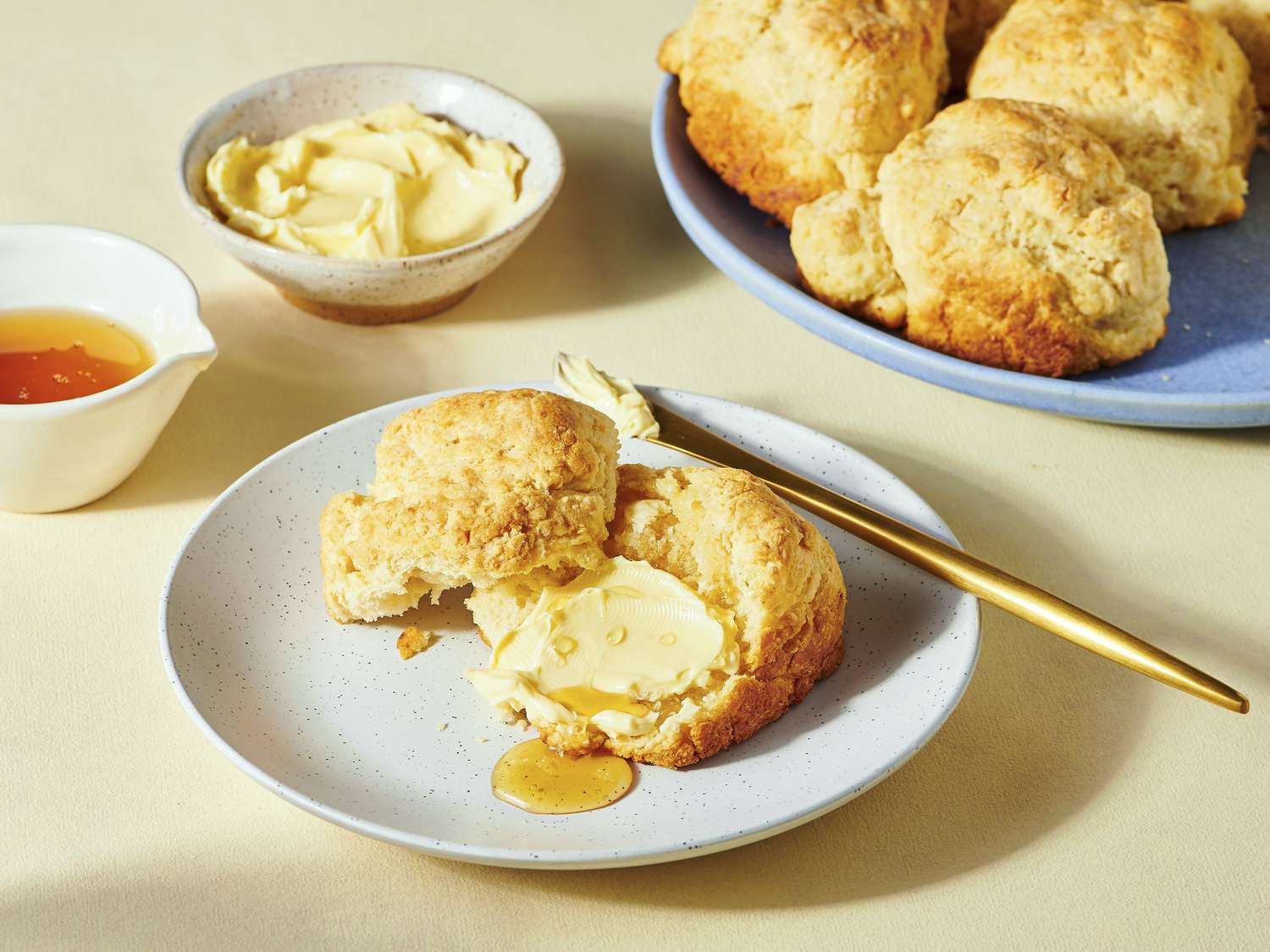 Side view of buttered cathead biscuits