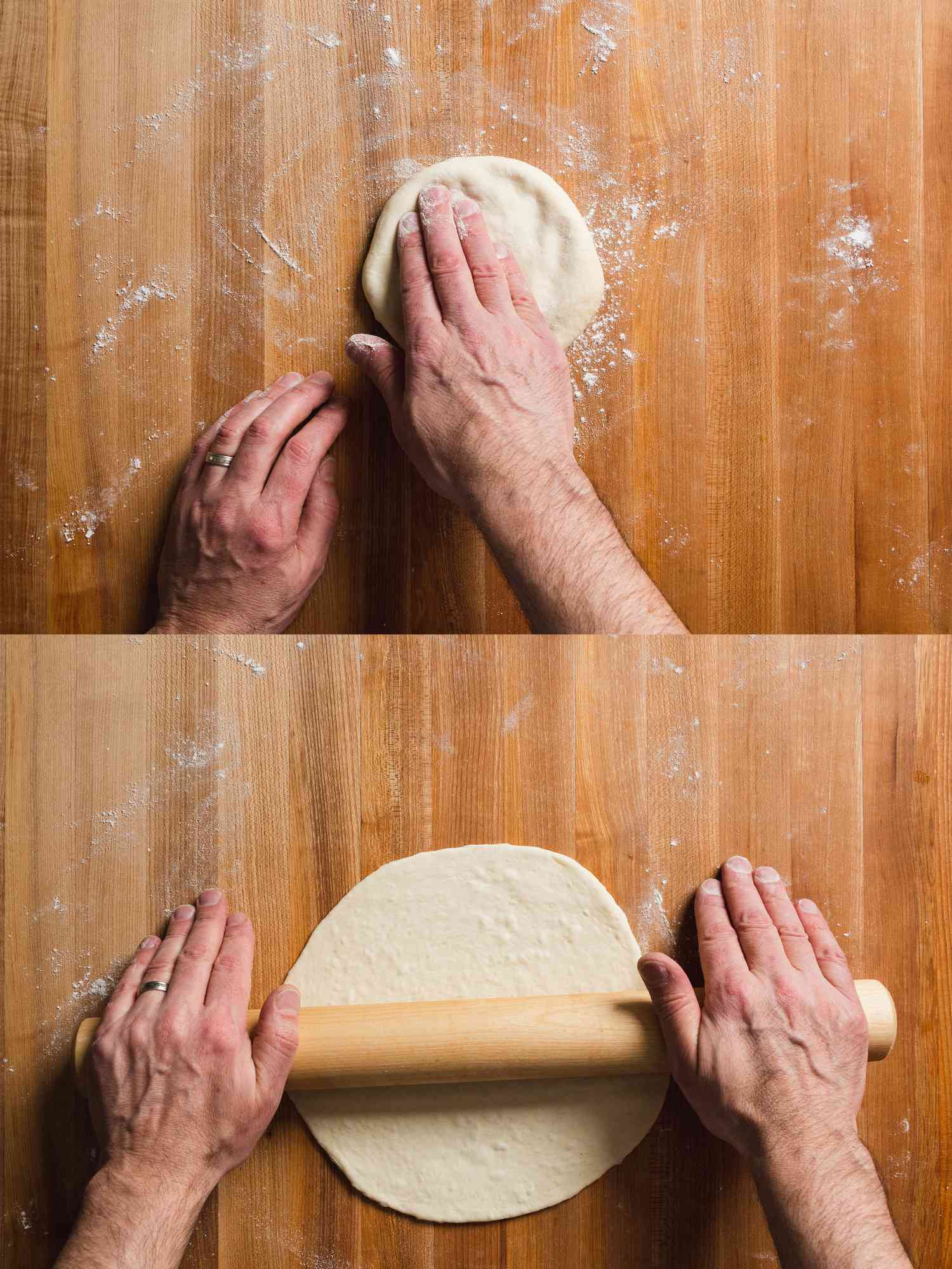 Rolling flour-dusted lahmajun ball into small disks