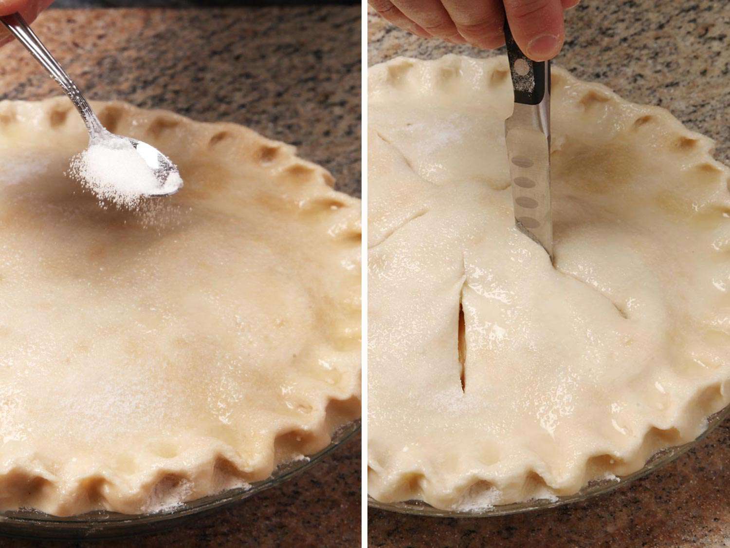 A two-image collage showing an unbaked pie being sprinkled with sugar and then slits cut in the top crust to allow steam to escape.