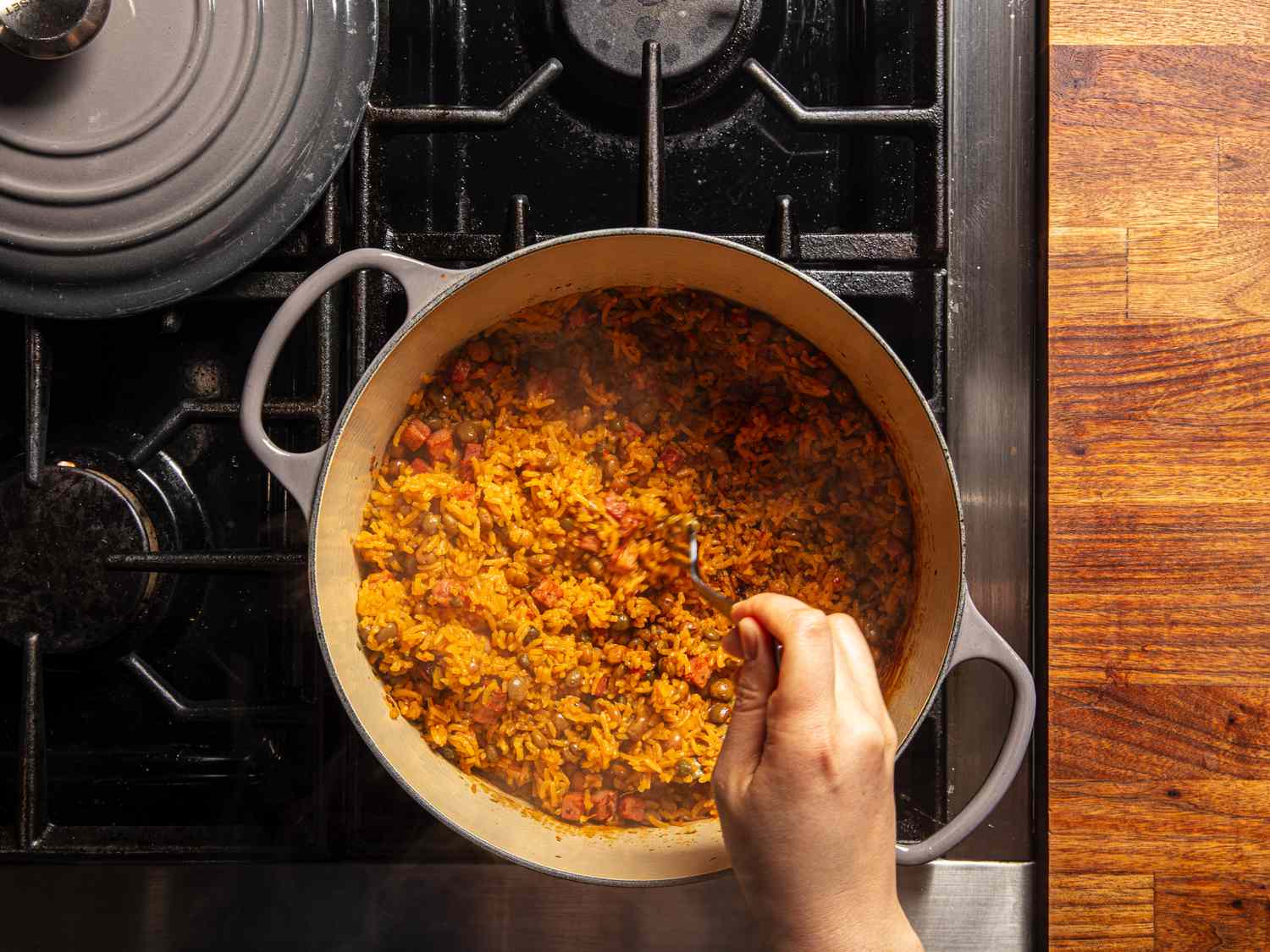 Overhead view of fluffing rice