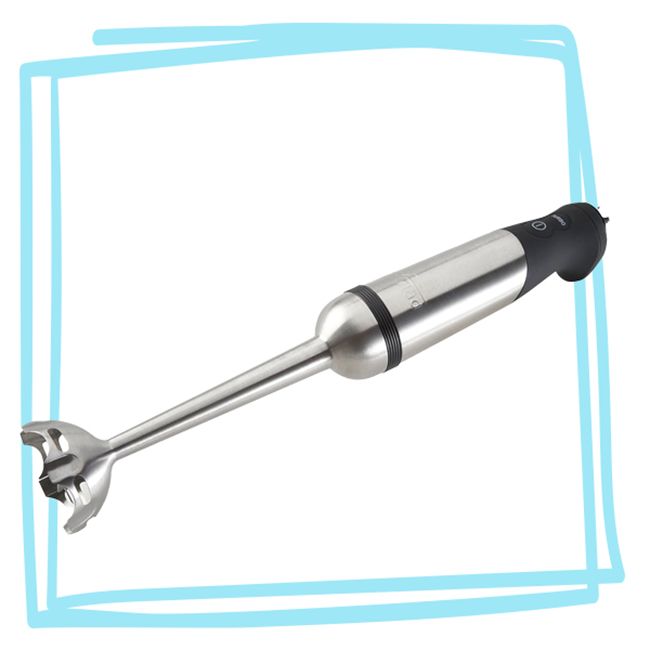 An immersion blender on a white background with a blue frame