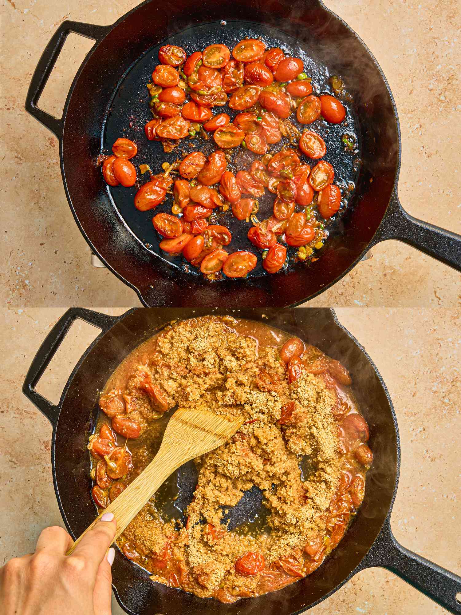 2 image collage. Top:blistering tomatoes and scallions in skillet. Bottom: stirring in bulger to rice mixture with wooden spoon in skillet