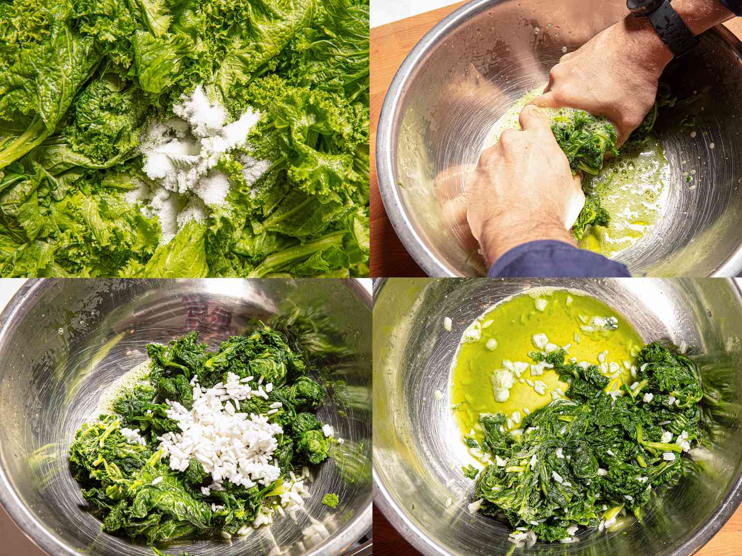Four image collage of squeezing mustard greens with salt and adding ric