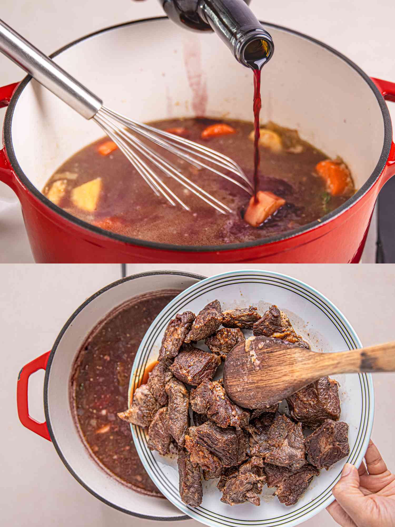 2 image collage. Top: adding wine into dutch oven with stew. Bottom: Adding beef into dutch oven with stew