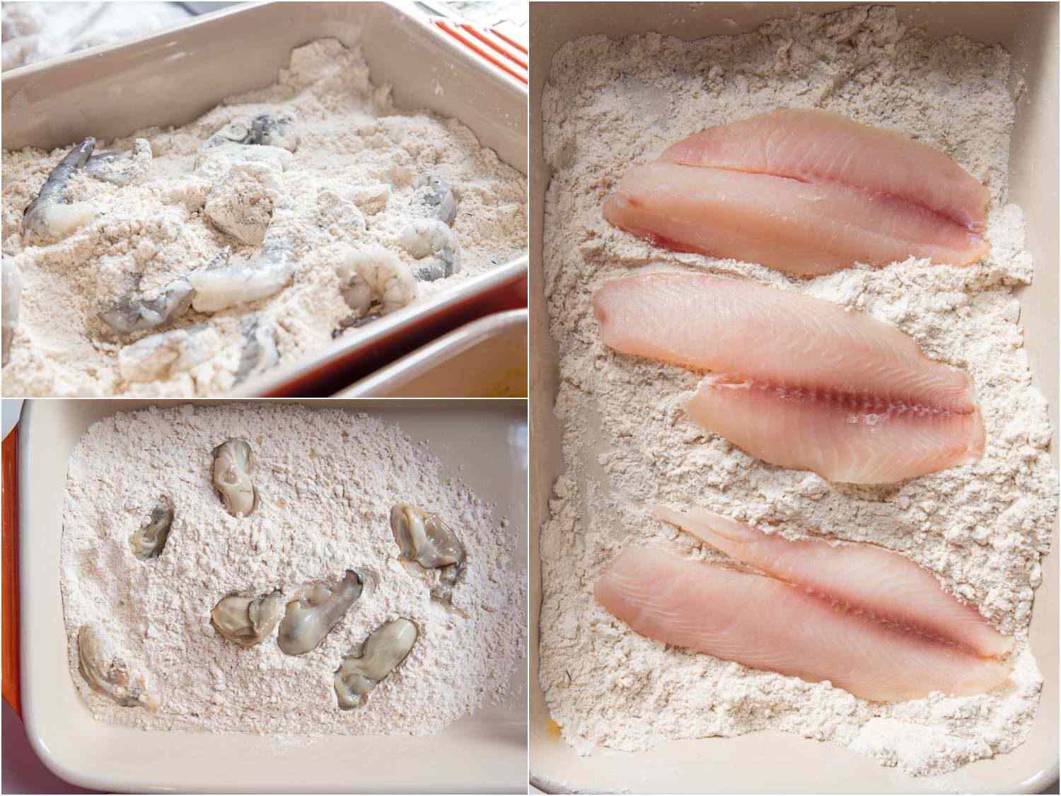 Shrimp, oysters, and fish in po' boy dredge.